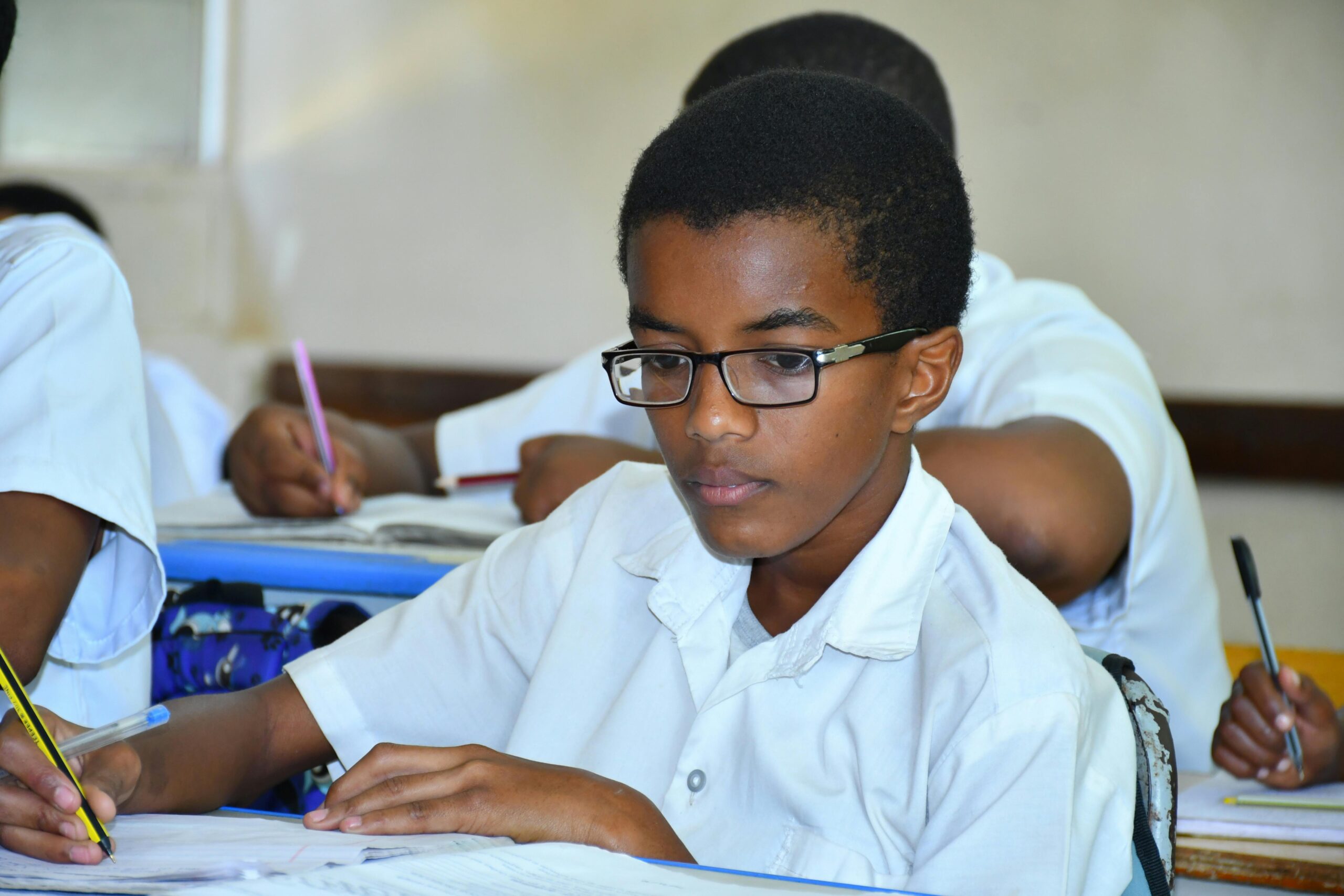 Young student in Tanga, Tanzania focused on classroom studies.